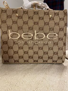 bebe Beige and Brown Monogram Logo Tote